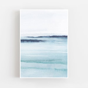 Abstract watercolor foggy landscape print, scandinavian wall art decor, light blue watercolor, beach house print