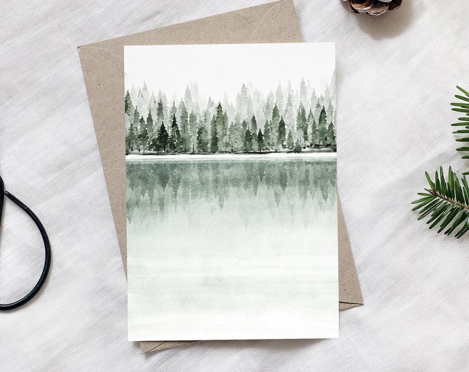 Christmas Card Winter Lake Set of 2, winter Postcard, Forest Postcard