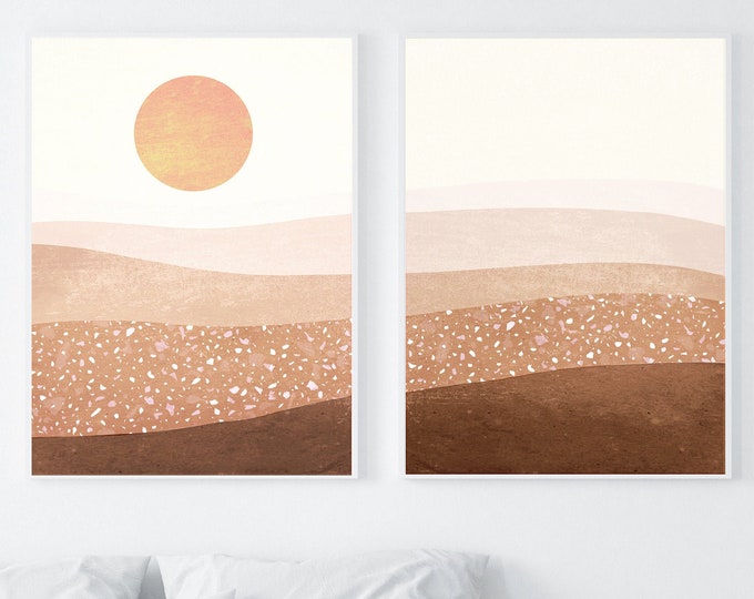 Modern abstract landscape prints, set of 2 burnt orange fine art prints