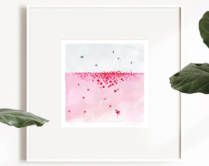 Abstract watercolor poppy meadow fine art print, red watercolor landscape print