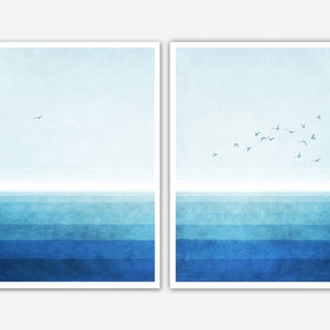 Set of 2 sea prints, blue watercolor ocean print, sea illustration, blue wall art