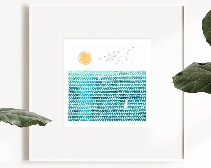 Watercolor sun and sea fine art print, abstract landscape, green wall art print, modern landscape, summer print