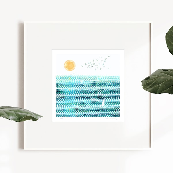 Watercolor sun and sea fine art print, abstract landscape, green wall art print, modern landscape, summer print