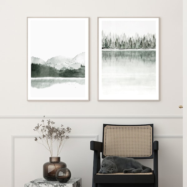 Set von 2 grünen Wald Kunstdrucken, Wald und See Druck, Wohnzimmer Schlafzimmer Arztpraxis Kunst
