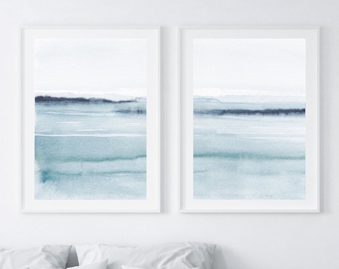 Set of 2 abstract watercolor prints, blue ocean prints