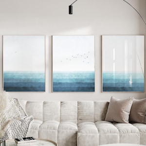 Juego de 3 impresiones de océano azul, arte de pared de mar de gaviota de velero, impresiones giclée de alta calidad, impresión costera, impresión de casa de playa, impresión de Hampton