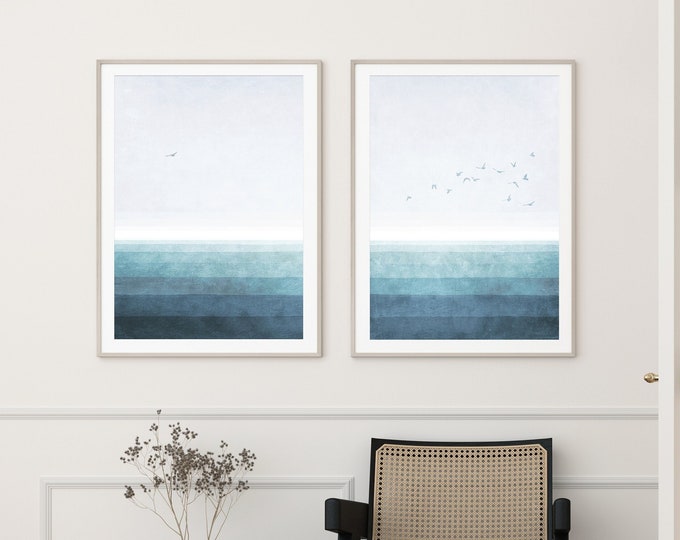 Set of 2 ocean prints, modern watercolor landscape, blue wall art, modern minimalist prints