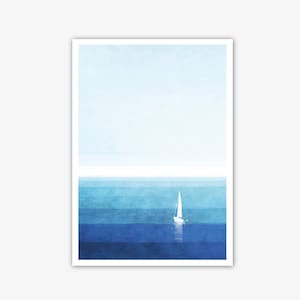 Abstract sea print, blue wall art decor, sailboat print, nautical print, modern ocean print