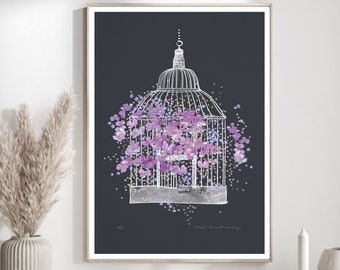 Bird cage with flowers fine art print, cottage house print, black print