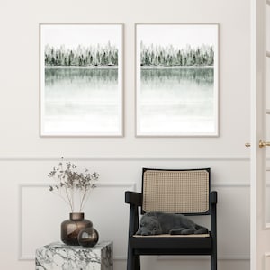 Set von 2 grünen Kunstdrucken, Wald und See Druck, Wohnzimmer Schlafzimmer Kunst