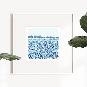 Watercolor blue meadow landscape print , fine art print, blue wall art, modern landscape