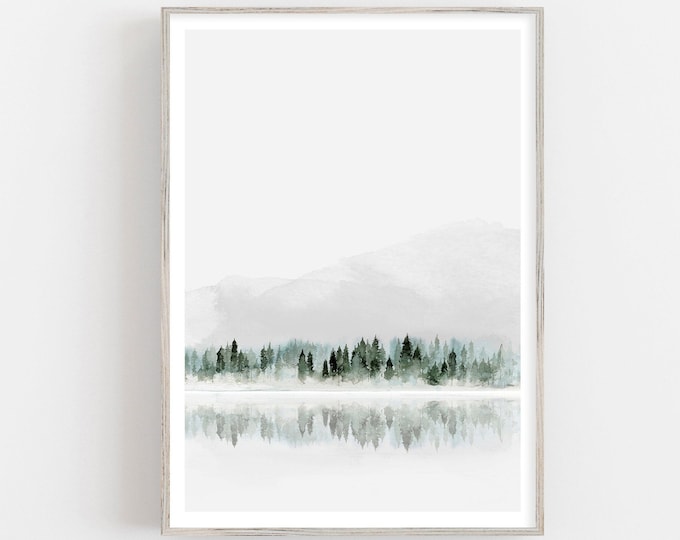 Modern watercolor foggy forest print, winter lake print, scandinavian wall art