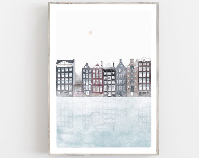 Watercolor Amsterdam fine art print, city wall art, Amsterdam houses painting