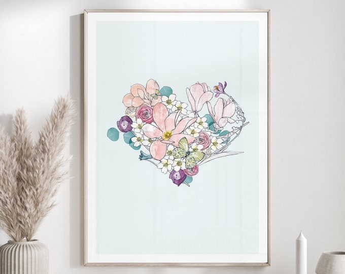 Flower heart print, spring flowers print, boho print, wedding gift