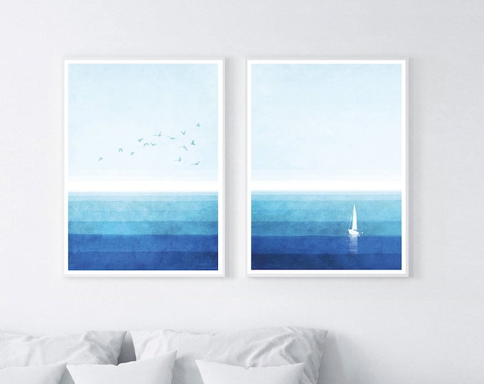 Set of 2 sea prints, blue watercolor ocean print, sea illustration, blue wall art