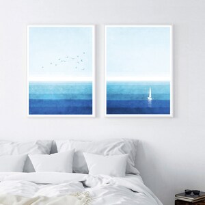 Set of 2 sea prints, blue watercolor ocean print, sea illustration, blue wall art