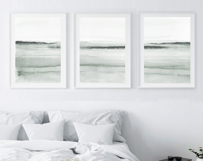 Set of 3 abstract watercolor landscape prints, bedroom wall art, scandinavian prints