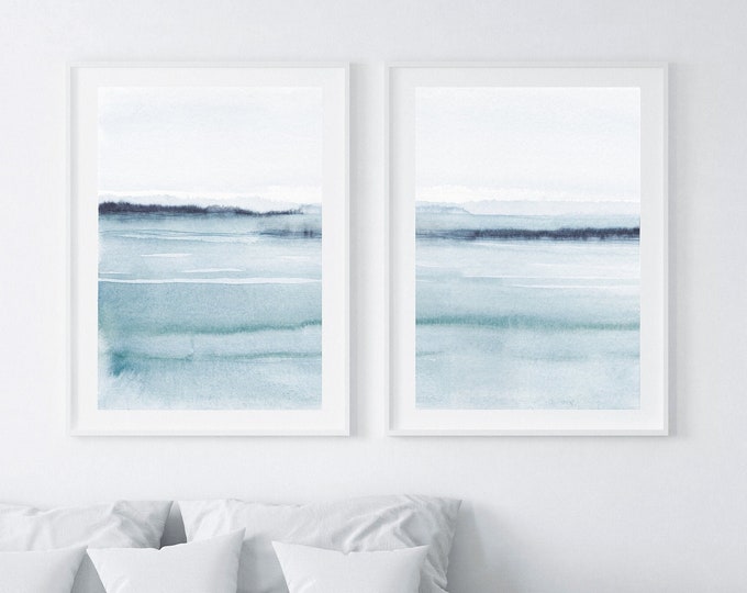 Set of 2 abstract watercolor landscape prints, blue ocean prints