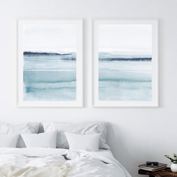 Set of 2 abstract watercolor landscape prints, blue ocean prints