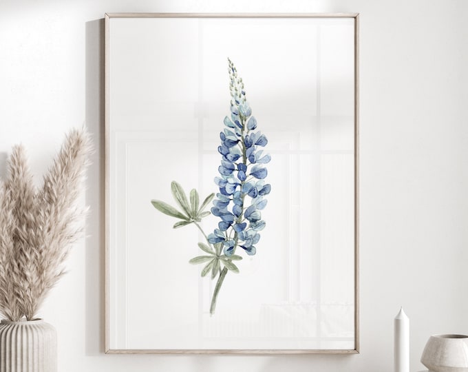 Modern blue watercolor lupine flower, scandinavian wall art, botanic art print