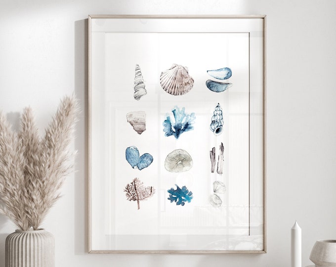 Watercolor seashells print, coastal print, beach house print, ocean sea print, blue wall art