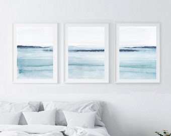 Set of 3 abstract watercolor landscape prints, bedroom wall art, scandinavian prints