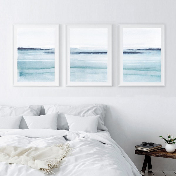 Set von drei abstrakten Kunstdrucken, Hochwertige Kunstdrucke, Büro Praxis Kunst, Abstrakte Aquarell, Hellblaue Kunst, Meer Landschaft