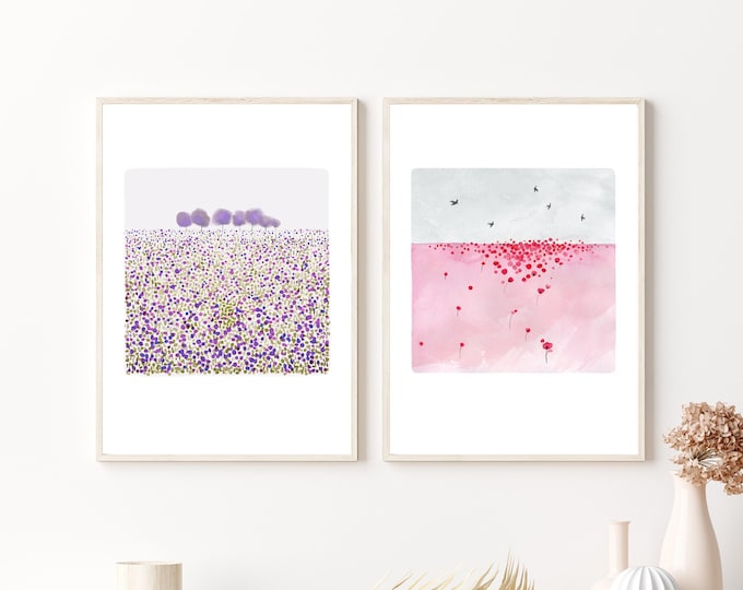 Set of 2 watercolor abstract landscape fine art prints, watercolor art, red and pink prints, meadow print