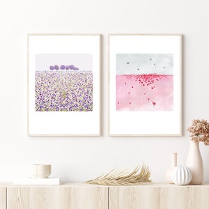 Set di 2 stampe astratte di prati acquerellati - Arte murale rossa e viola - Arte botanica moderna e vibrante su carta di alta qualità, paesaggio acquerellato