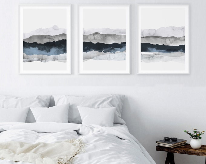 Set of 3 abstract watercolor landscape prints, bedroom wall art, scandinavian prints