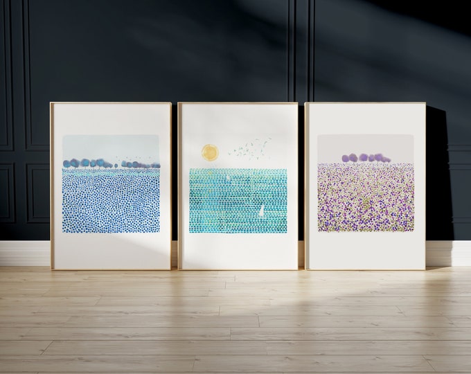 Set of 3 watercolor landscape prints, flower fields, abstract sea