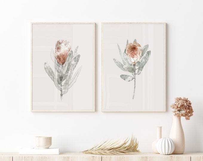 Set of 2 Protea prints, watercolor flower print, burnt orange prints