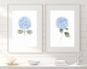 Set von zwei blauen Blumen Hortensien Aquarell Kunstdruck Schlafzimmer Wandkunst