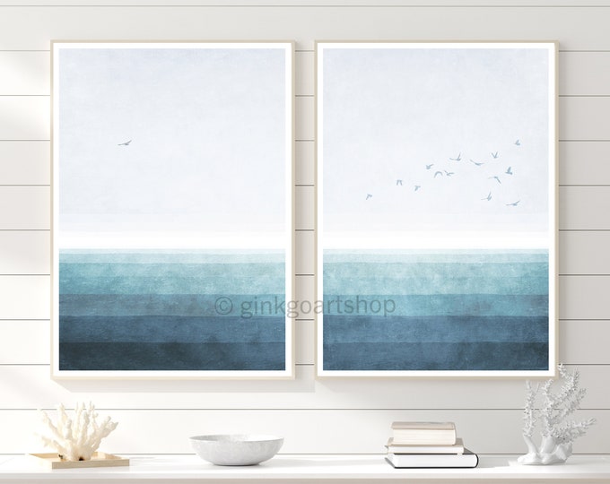 Set of 2 ocean coastal prints, modern watercolor landscape, blue wall art, modern minimalist prints