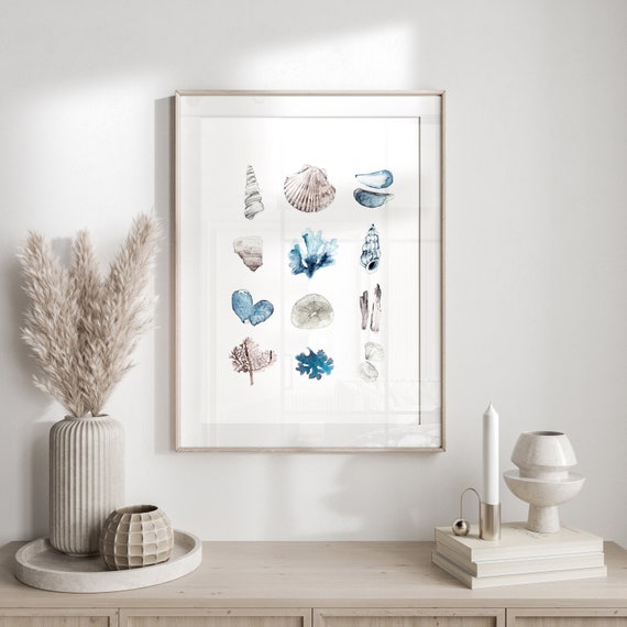 Watercolor seashells print, coastal print, beach house print, ocean sea print, blue wall art