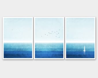 Set of 3 watercolor ocean prints, blue wall art, modern landscape, modern minimalist prints
