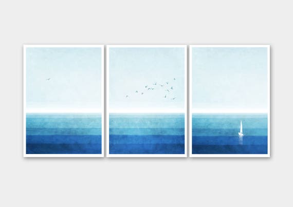 Set of 3 watercolor ocean prints, blue wall art, modern landscape, modern minimalist prints