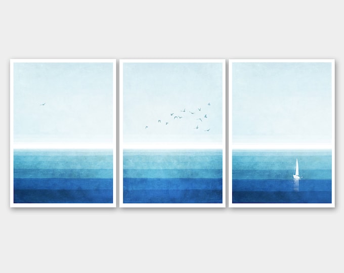 Set of 3 watercolor ocean prints, blue wall art, modern landscape, modern minimalist prints