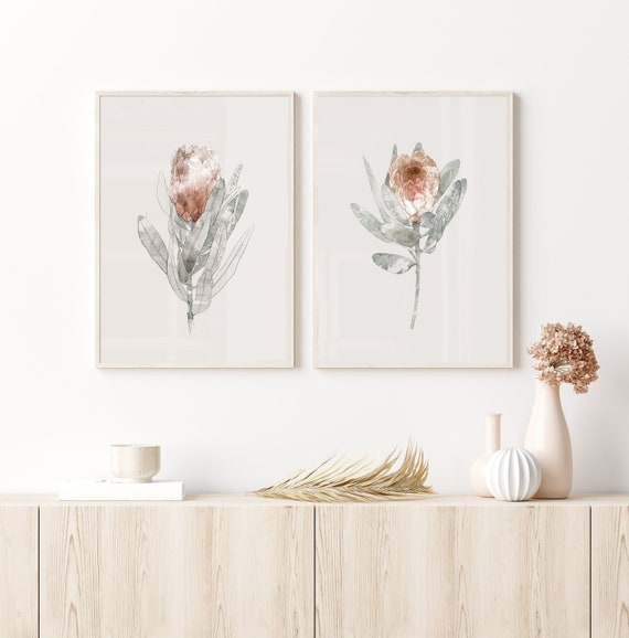Set of 2 Protea prints, watercolor flower print, burnt orange prints