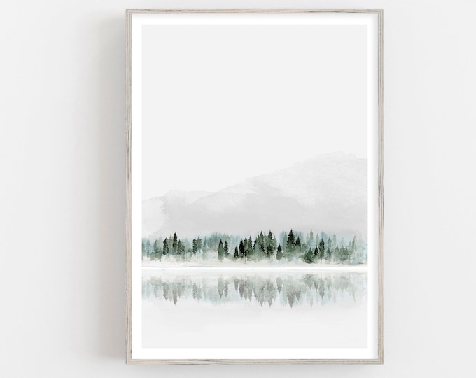 Modern watercolor foggy forest print, winter lake print, scandinavian wall art