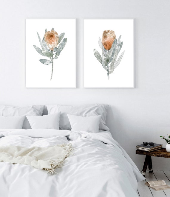 Set of 2 Protea prints, watercolor flower print, burnt orange prints