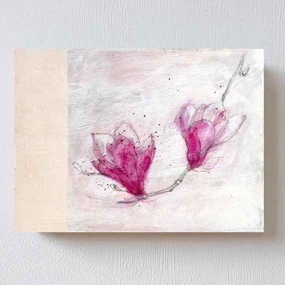 Magnolia Flower Acrylic Painting on MDF Panel 18x24cm, 3cm Thick – Cottagecore Style, Spring Garden Decor, Nature Lovers, Mother’s Day Gift