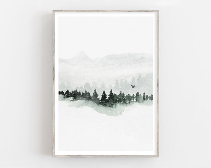 Modern watercolor foggy forest print, winter lake print, scandinavian wall art