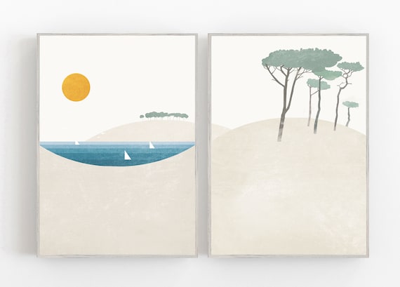Set of 2 summer prints, sun and sea print, cycling print, mid century print