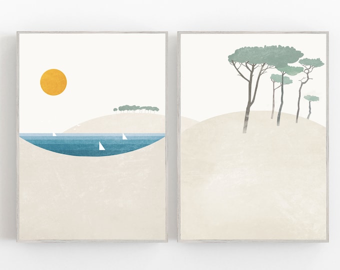 Set of 2 summer prints, sun and sea print, cycling print, mid century print