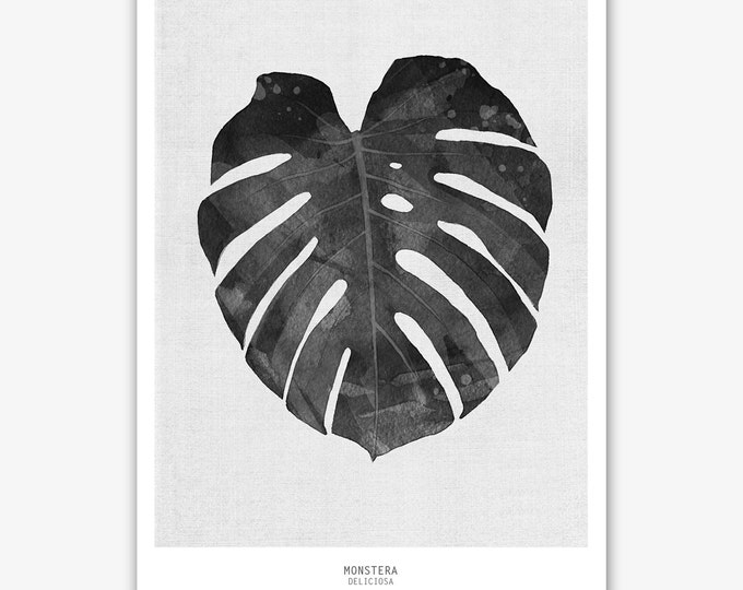 Black watercolor monstera leaf print, minimalist botanical print, tropical leaf wall art, black and white botanical print