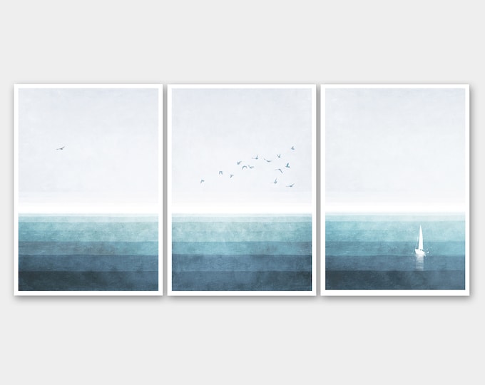 Set of 3 modern ocean art prints, modern abstract watercolor landscape wall art, nautical prints