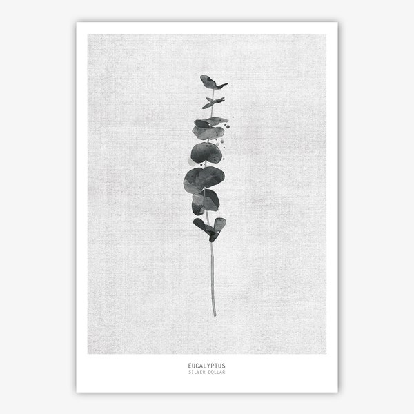 Black eucalyptus leaf print, modern minimal watercolor wall art, black and white art print