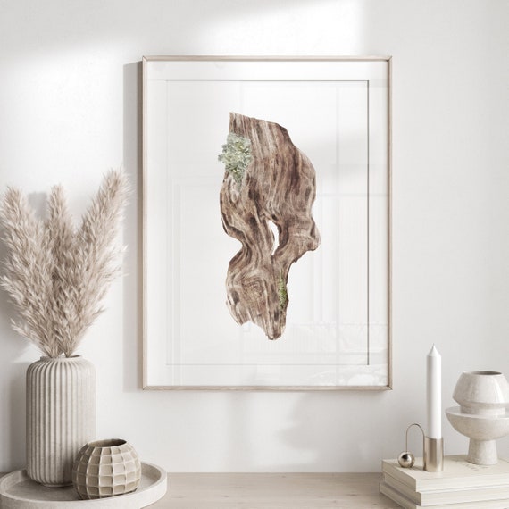 Piece of wood with moss print, scandinavian brown wall art, minimalist print,