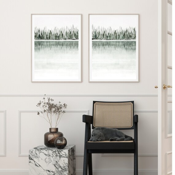 Set of 2 forest lake prints, modern watercolor landscape, sage green wall art, modern minimalist prints